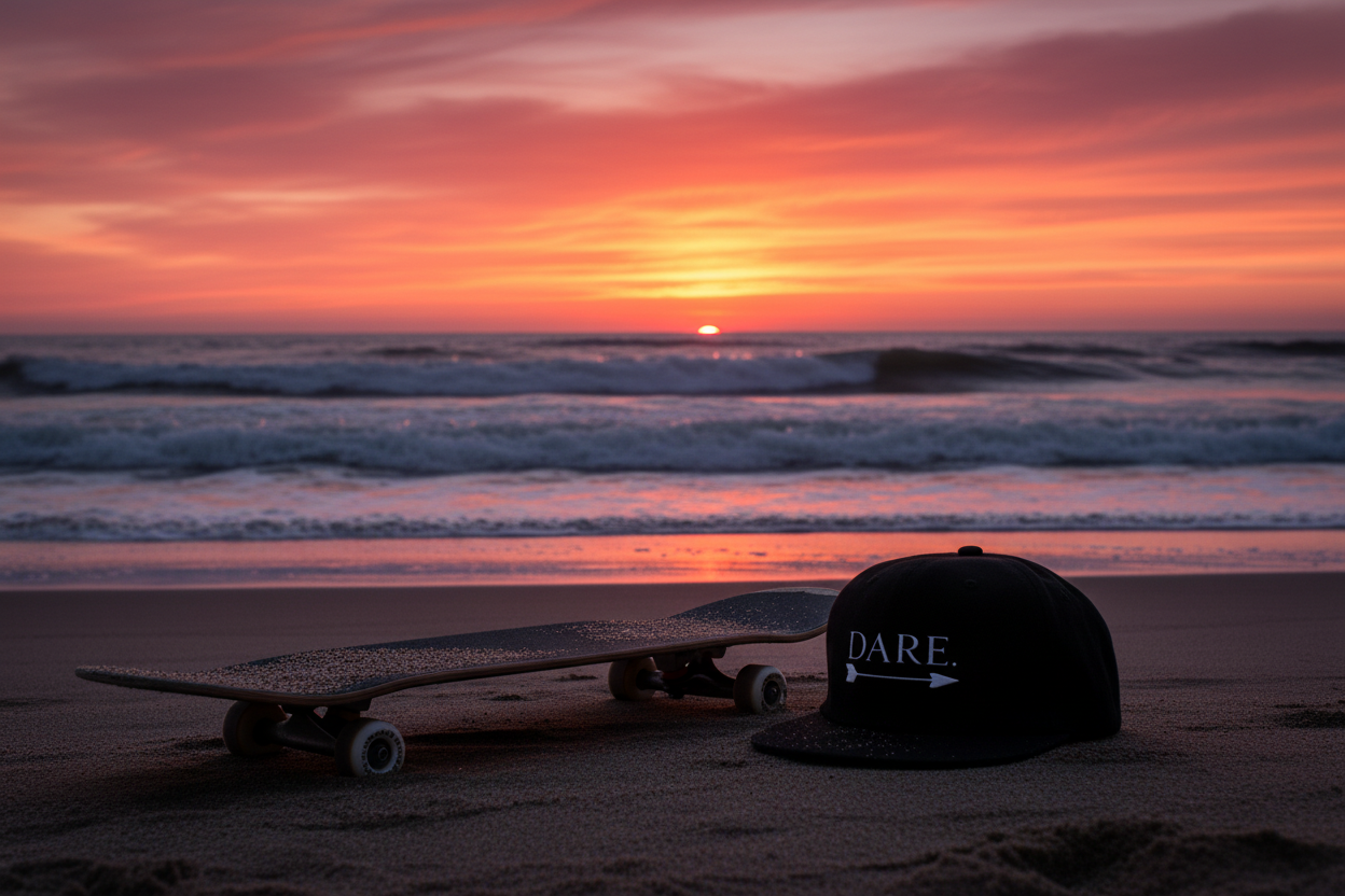 DARE hat beach sunset with skateboard