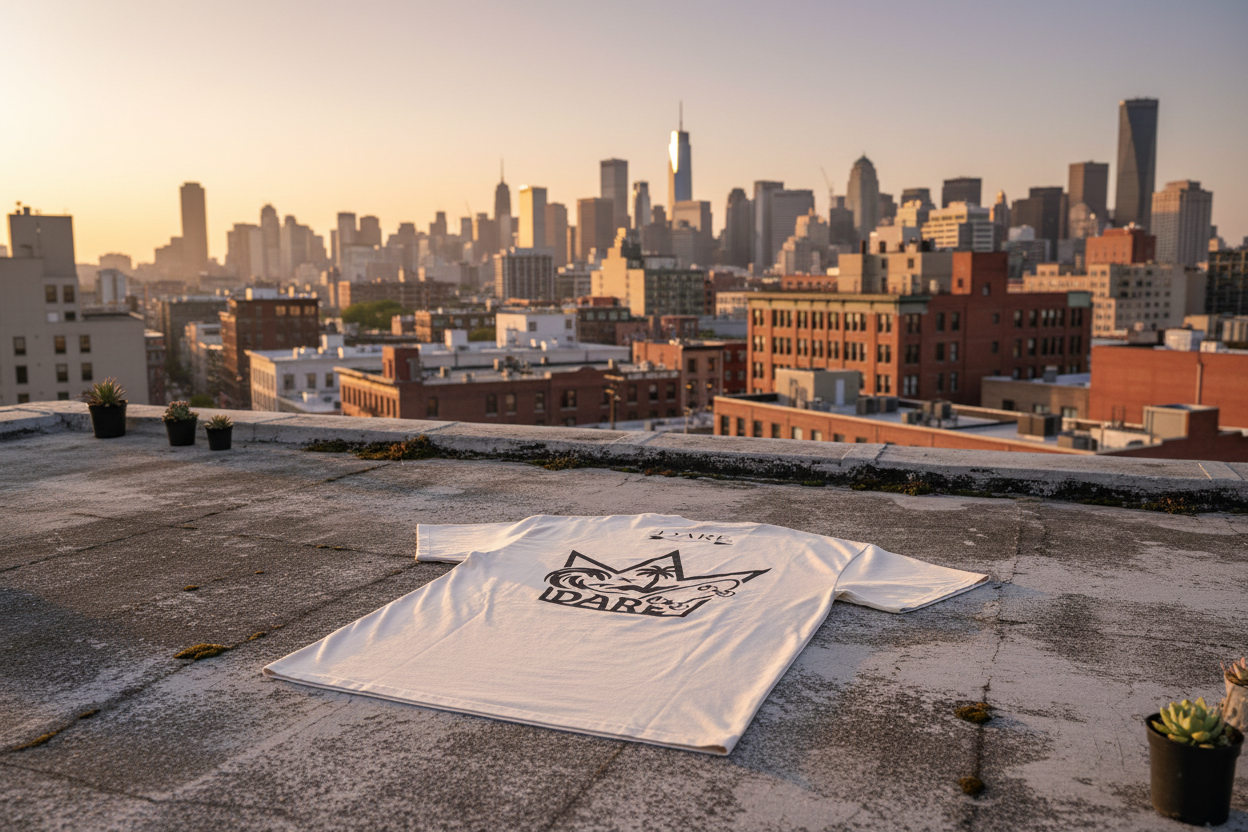DARE tee back on rooftop